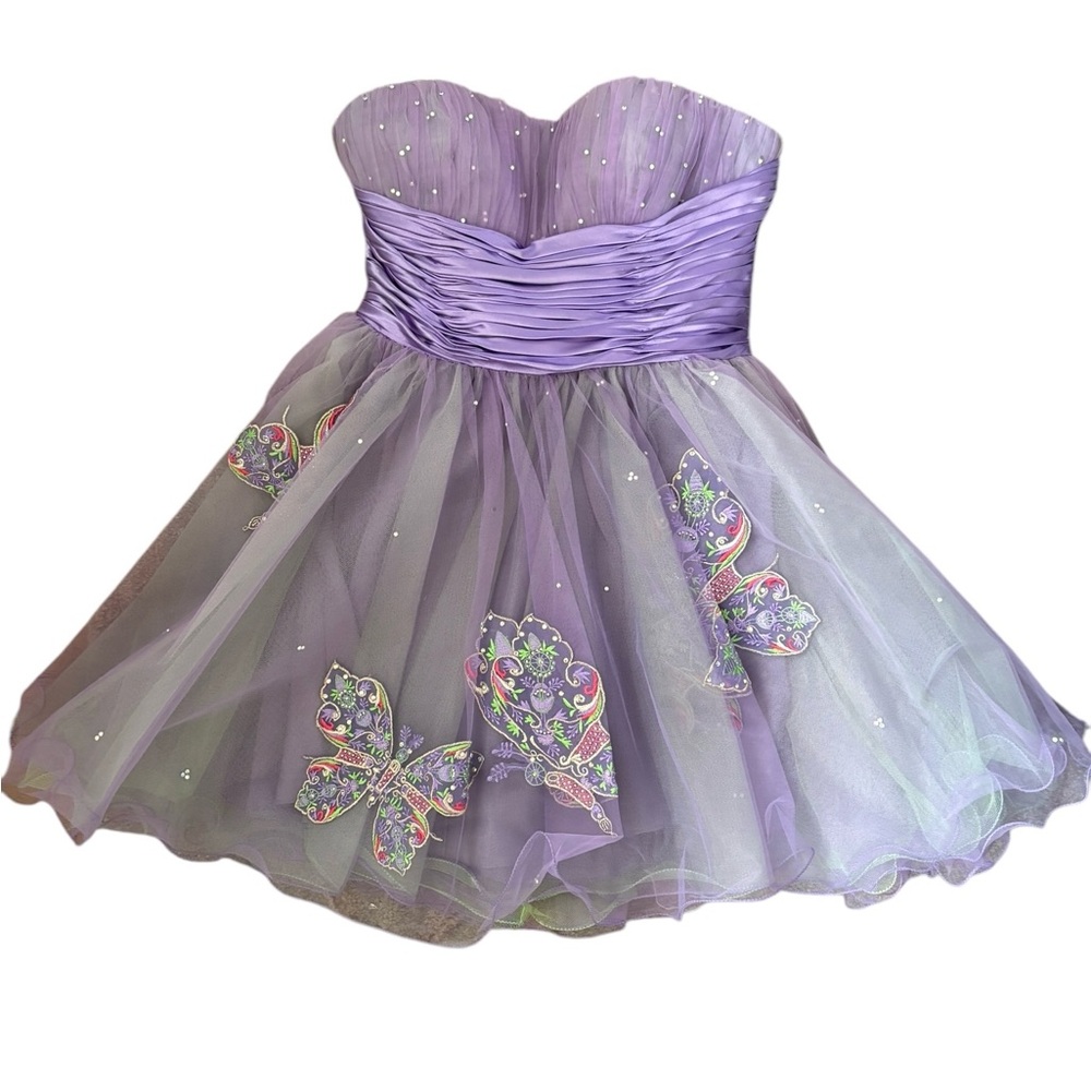 Sherri Hill Butterfly Rhinestones Strapless Tulle Mini Gown Purple  NWT Size 8